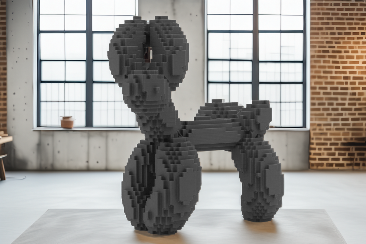 Moderner Pixel-Hund  Skulpturale Dekofigur im Luftballon-Stil, kantiges Design, stilvolle Wohnaccessoires, Gaming-inspirierte Kunst