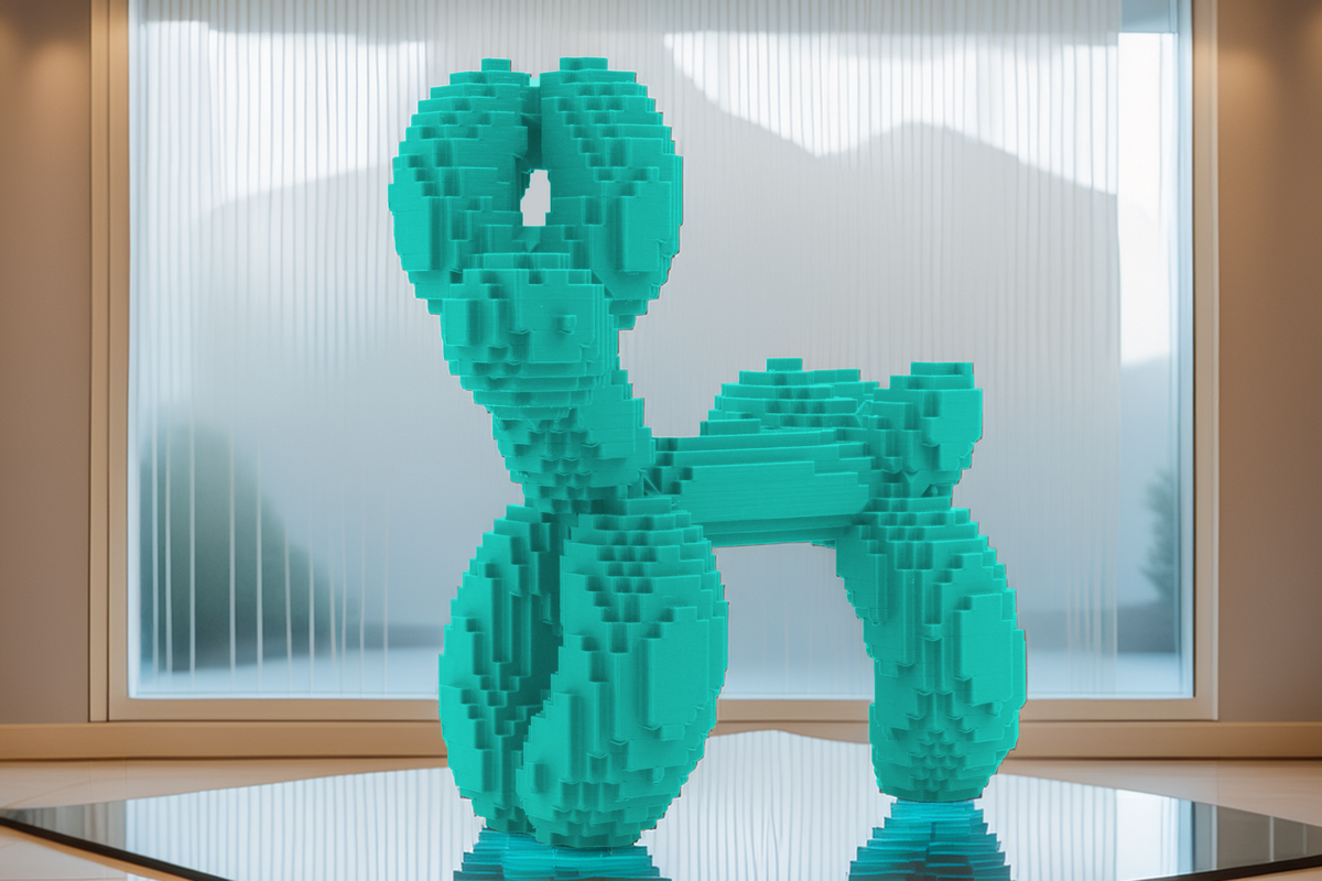 Moderner Pixel-Hund  Skulpturale Dekofigur im Luftballon-Stil, kantiges Design, stilvolle Wohnaccessoires, Gaming-inspirierte Kunst