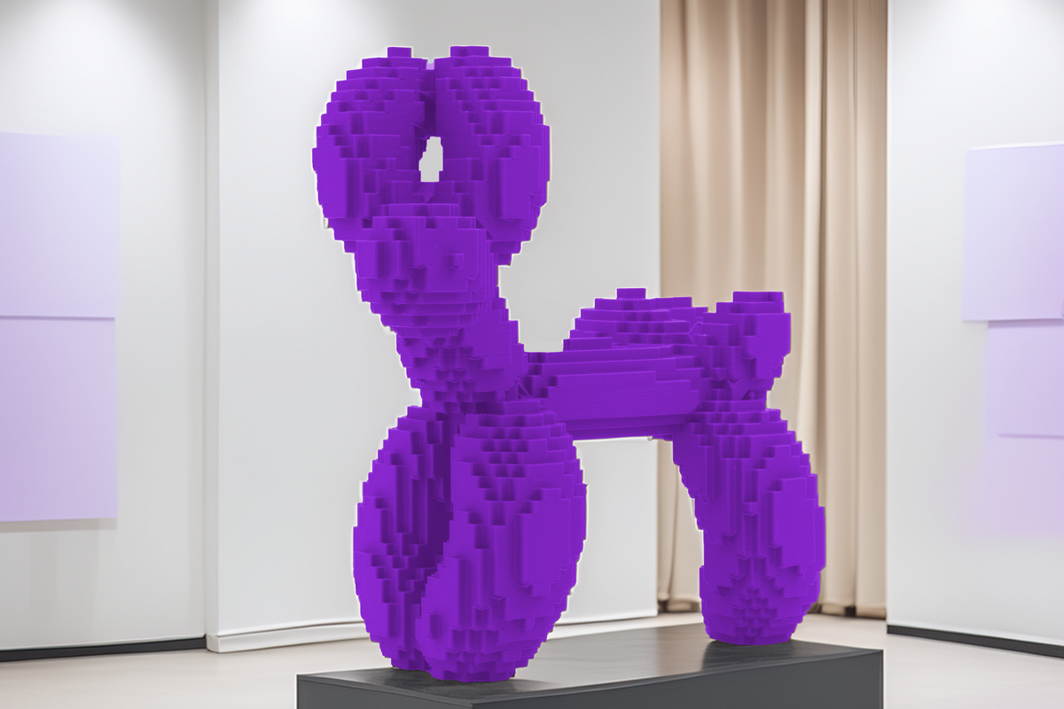 Moderner Pixel-Hund  Skulpturale Dekofigur im Luftballon-Stil, kantiges Design, stilvolle Wohnaccessoires, Gaming-inspirierte Kunst