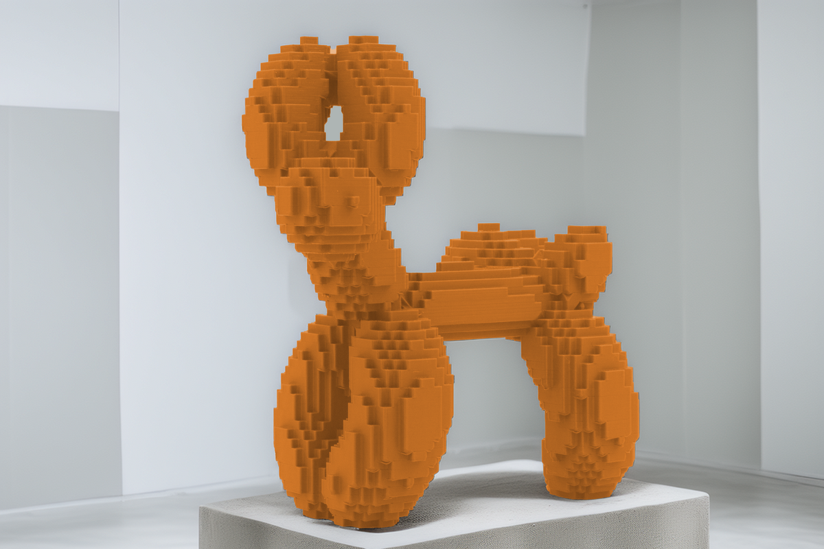 Moderner Pixel-Hund  Skulpturale Dekofigur im Luftballon-Stil, kantiges Design, stilvolle Wohnaccessoires, Gaming-inspirierte Kunst