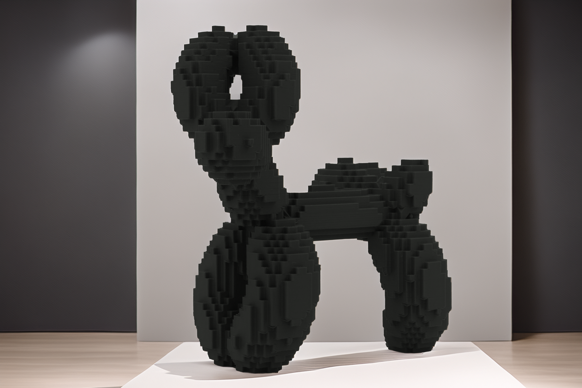 Moderner Pixel-Hund  Skulpturale Dekofigur im Luftballon-Stil, kantiges Design, stilvolle Wohnaccessoires, Gaming-inspirierte Kunst