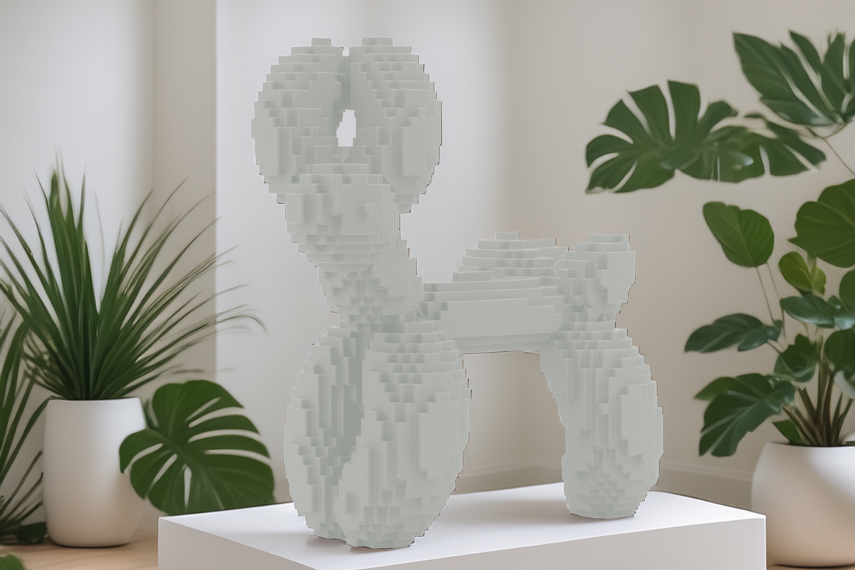 Moderner Pixel-Hund  Skulpturale Dekofigur im Luftballon-Stil, kantiges Design, stilvolle Wohnaccessoires, Gaming-inspirierte Kunst