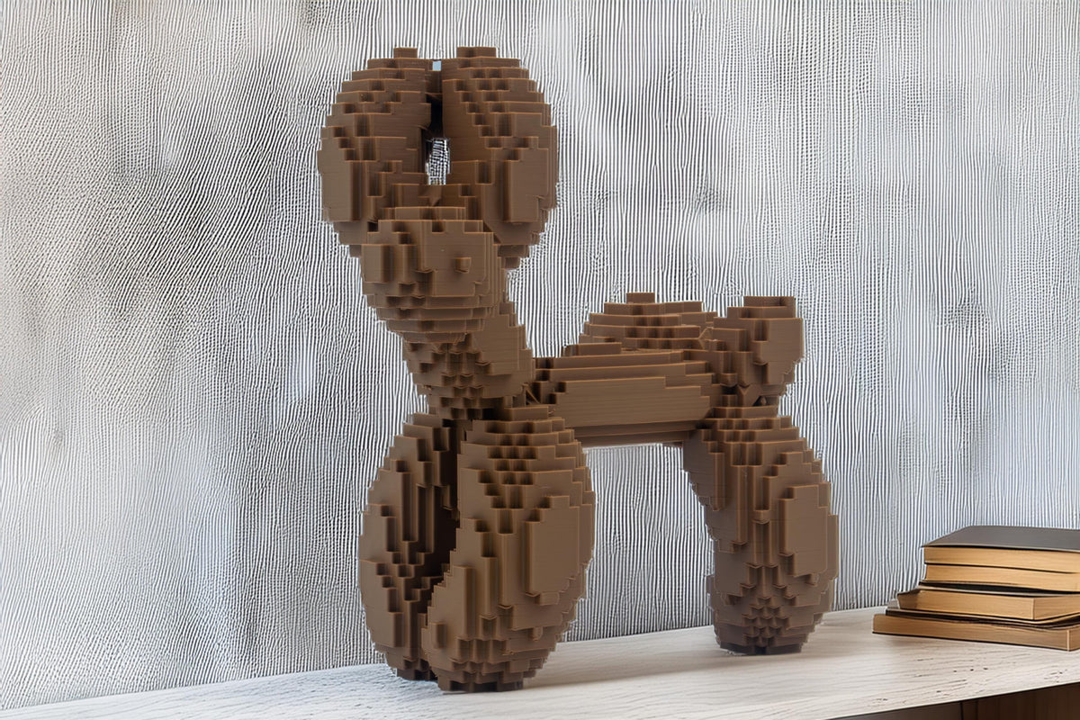 Moderner Pixel-Hund  Skulpturale Dekofigur im Luftballon-Stil, kantiges Design, stilvolle Wohnaccessoires, Gaming-inspirierte Kunst