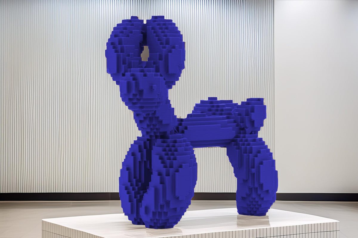 Moderner Pixel-Hund  Skulpturale Dekofigur im Luftballon-Stil, kantiges Design, stilvolle Wohnaccessoires, Gaming-inspirierte Kunst