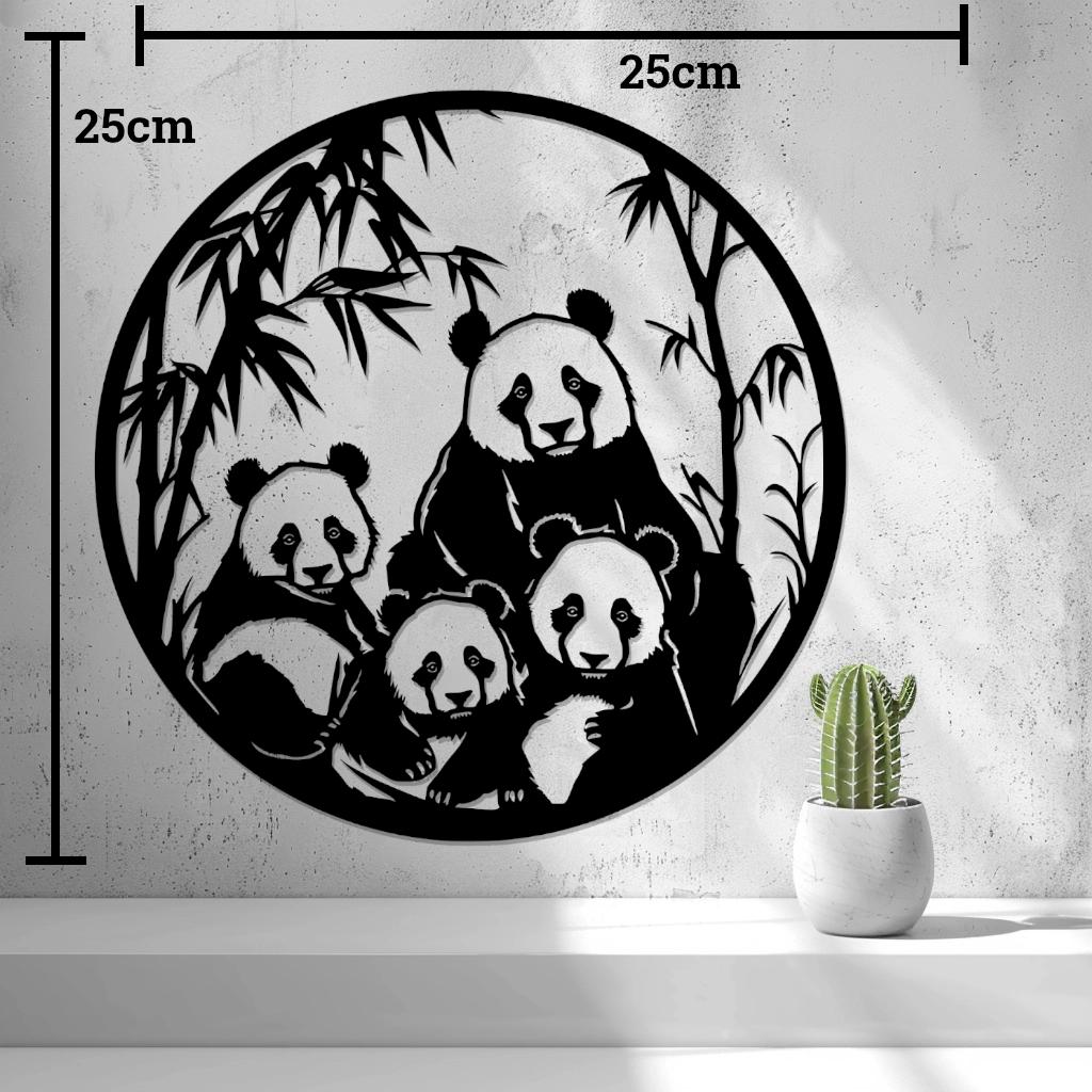 Panda Wandbild rund, stilisierte Pandafamilie im Bambusrahmen, schwarz, moderne Wanddeko, Tiermotiv, Geschenkidee Natur &amp; Familie