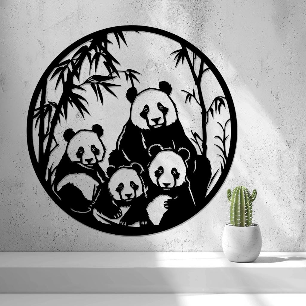 Panda Wandbild rund, stilisierte Pandafamilie im Bambusrahmen, schwarz, moderne Wanddeko, Tiermotiv, Geschenkidee Natur &amp; Familie
