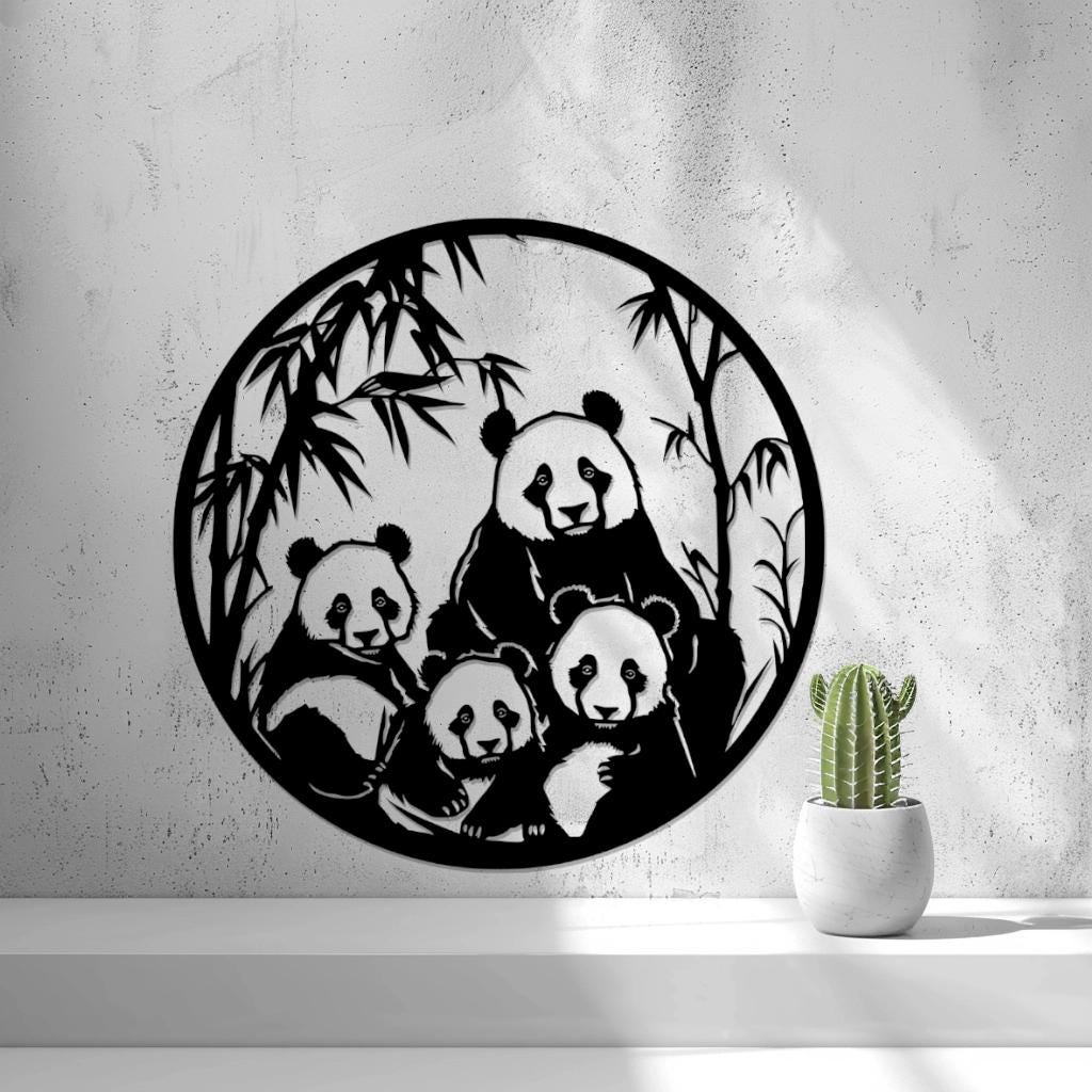 Panda Wandbild rund, stilisierte Pandafamilie im Bambusrahmen, schwarz, moderne Wanddeko, Tiermotiv, Geschenkidee Natur &amp; Familie