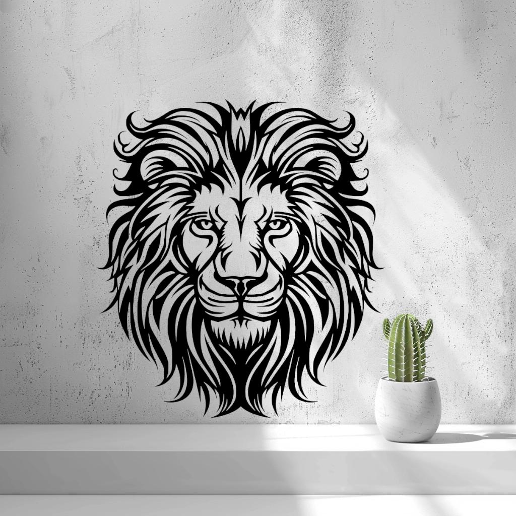 Löwenkopf Wandbild, kraftvolle Löwen-Silhouette, moderne Wanddeko, Symbol für Stärke und Mut