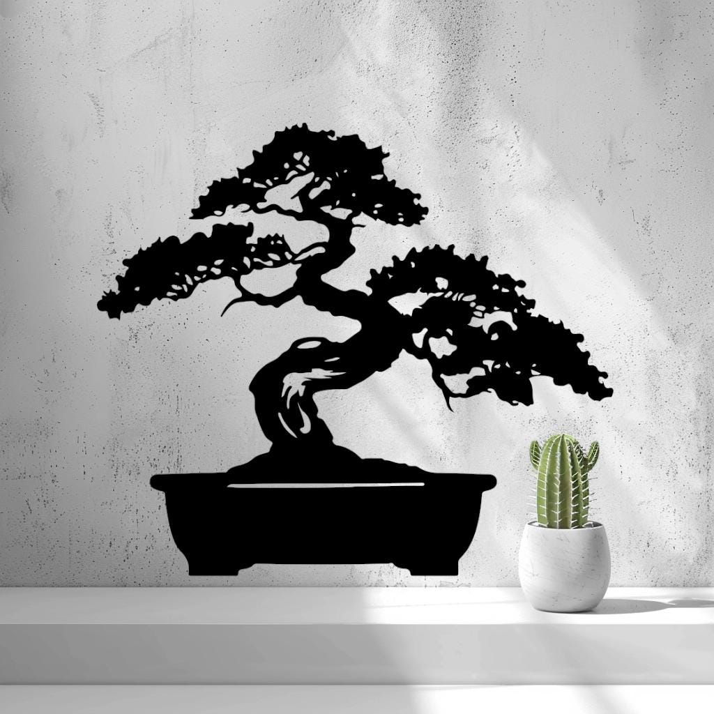 Bonsai Wandbild, asiatische Wanddeko in Schwarz, minimalistisches Zen-Motiv, japanisches Design, ruhige Raumgestaltung, Geschenkidee